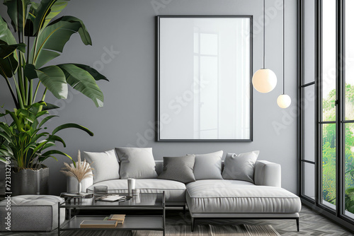 Frame mockup with ISO A paper size, showcasing a living room wall poster mockup against a modern interior design background, presented in a 3D render. photo