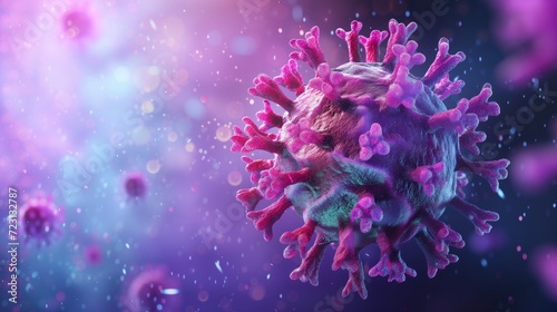 A microscopic image of a human virus attacking a healthy immune system cell with colorful antibodies. Cellular therapy and regeneration. Research of stem cells, immunology and longevity. photo