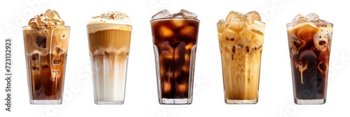 Set of black ice coffee and ice latte coffee with milk in tall glass isolated on white background. photo