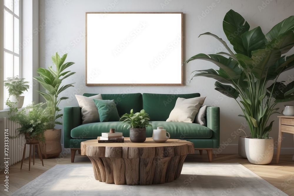 Wooden coffee table in elegant living room interior with vintage armchair, green plant in pot and poster in frame