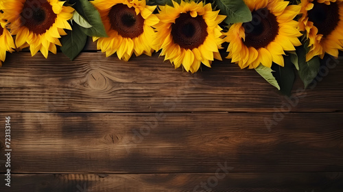 Sunflower frame on a wooden background