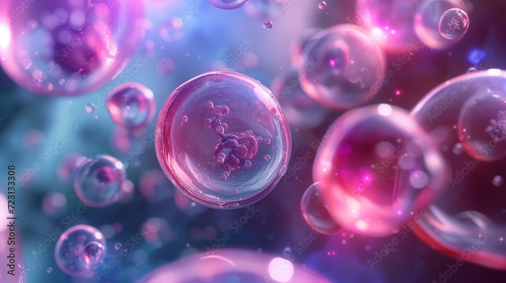 A microscopic image of a human virus attacking a healthy immune system cell with colorful antibodies. Cellular therapy and regeneration. Research of stem cells, immunology and longevity. A microscopic image of a human virus attacking a healthy immune system cell with colorful antibodies. Cellular therapy and regeneration. Research of stem cells, immunology and longevity.