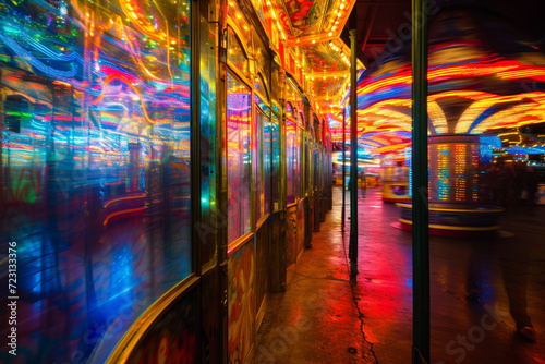 lights and reflections in a carnival mirror maze  adding a touch of surrealism to the scene