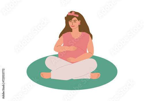 A young pregnant woman sits cross-legged on a mat and smiles. Relaxation, meditation, maternity leave, motherhood, expectant mother meditates. Colored vector illustration