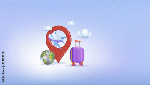The concept of tourism and travel, the aircraft location icon.
 Booking tickets, tracking the flight of the aircraft. 3d vector.
