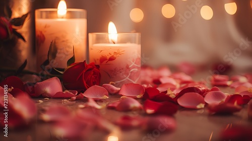 Romantic Ambiance  Candles and Rose Petals Setting the Mood