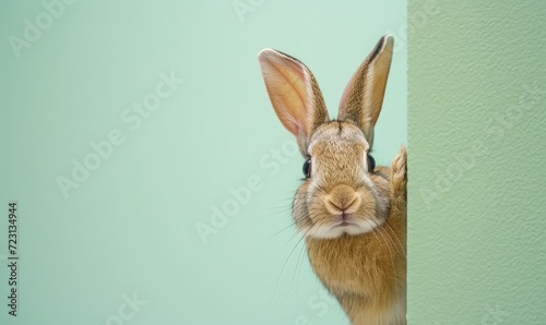 Rabbit peeks out from around the corner of the wall. Cute little brown bunny on mint green background. Banner with brown bunny and copy space for text.
