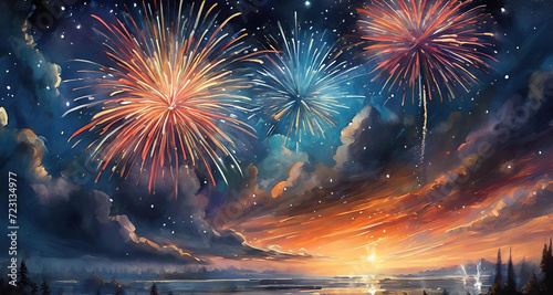 Bright New Year's Eve fireworks on rustic dark blue night sky texture