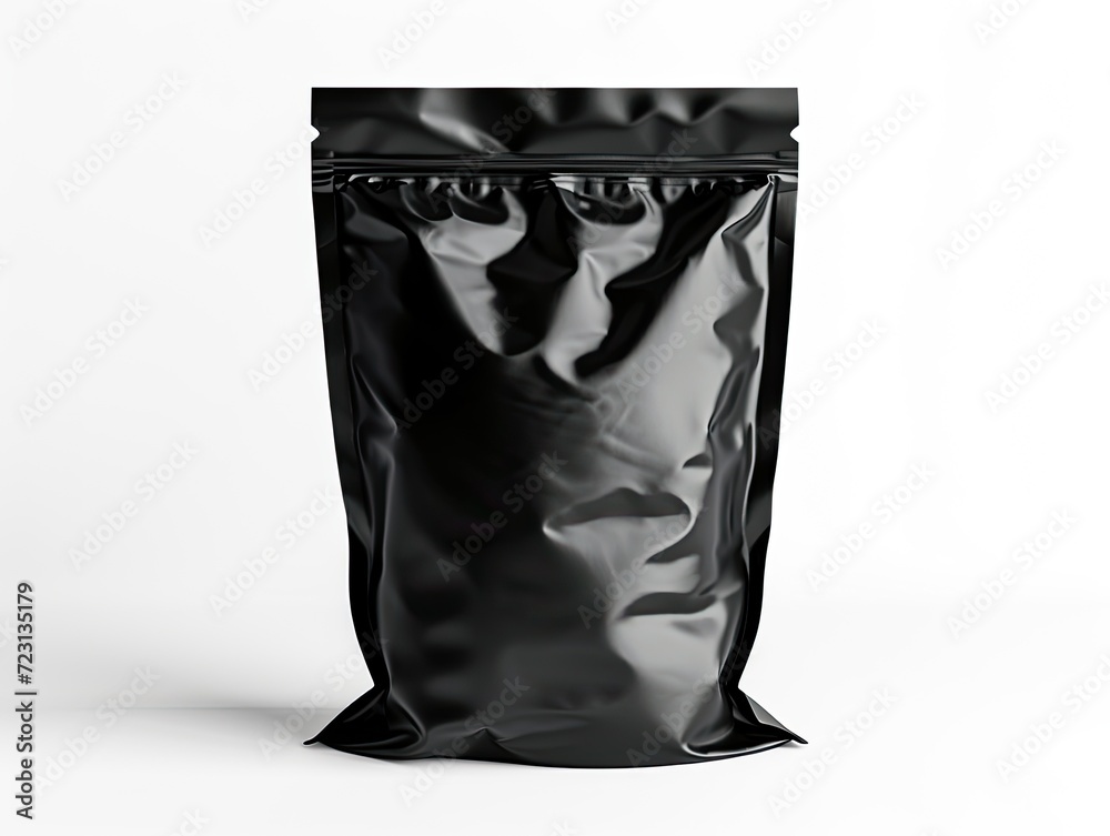 Black packaging pouch with a resealable zipper on a white background. Sachet stand-up doypack black mockup isolated on white background Black packaging pouch with a resealable zipper on a white background. Sachet stand-up doypack black mockup isolated on white background