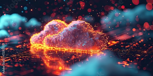 Digital Cloud Data Concept. Cloud Storage Glownig on Dark Background of Metaverse Data Space. Stylized Cloud Computing Concept