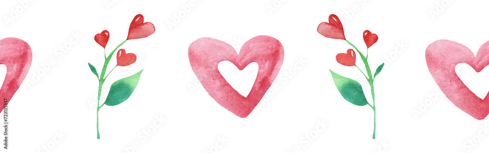 Watercolor central border template of colorful hearts of red shades and flower on white background. Beautiful decorative elements in shape of hearts isolated on white backround.Valentine day