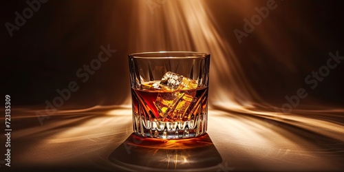 Glass of whiskey in contrast noir light with shadow and shining rays, low key on dark brown background. Alcoholic cocktail, sophisticated drink