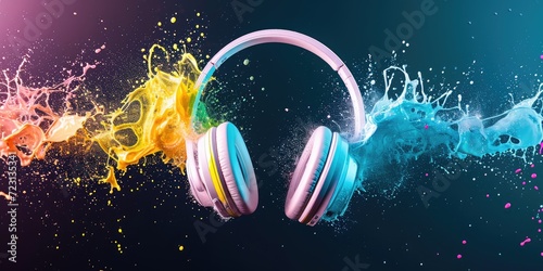 Headphones with shining colorful sound waves on dark background. Headphones surrounded by colorful  dynamic smoke waves on a dark background. Good for podcast show banner  radio  broadcast  show