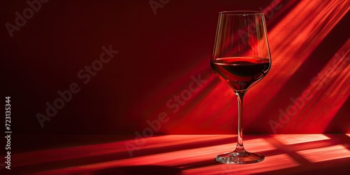 Elegant glass of red wine on red background with contrast dramatic light and shadows. Copy space for text