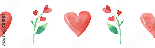 Watercolor central border template of colorful hearts of red shades and flower on white background. Beautiful decorative elements in shape of hearts isolated on white backround.Valentine day