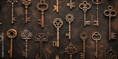 Vintage keys on dark background, pattern style. Copper and bronze antique, keys on a brown grunge background. Mystery background