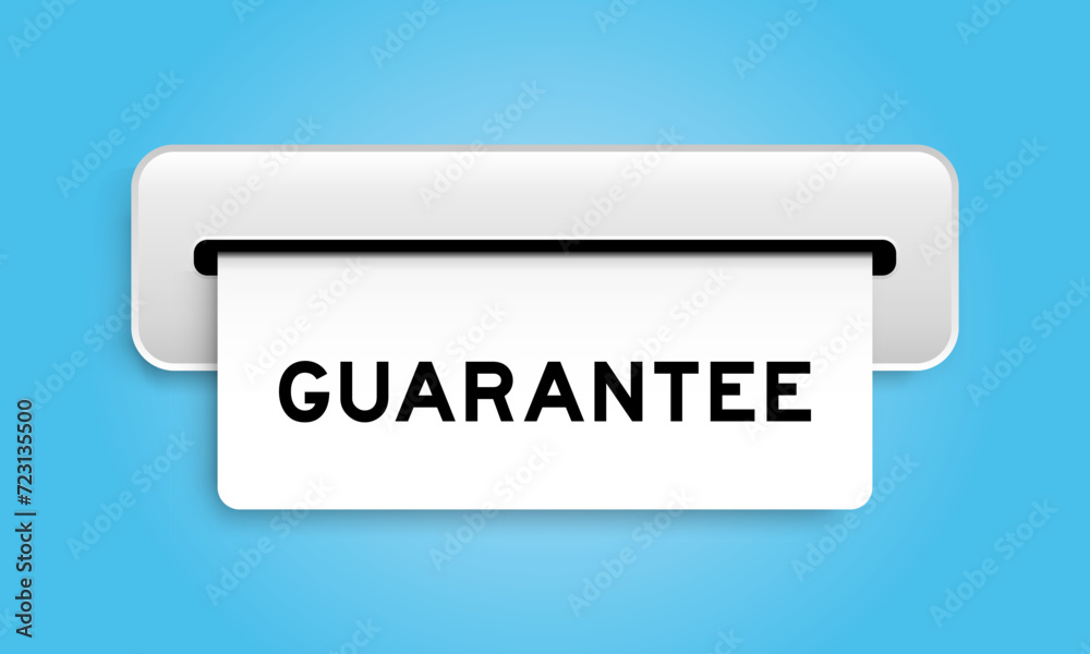 White coupon banner with word guarantee from machine on blue color background White coupon banner with word guarantee from machine on blue color background