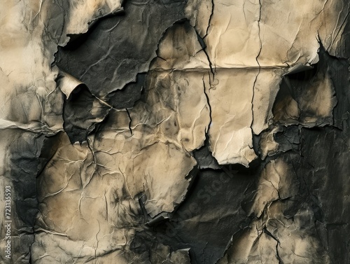 Scratched charred and burned paper, abstract texture background. Heavy rough tattered paper
