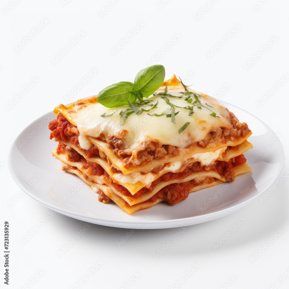 Portion of traditional italian lasagne on white plate on white background