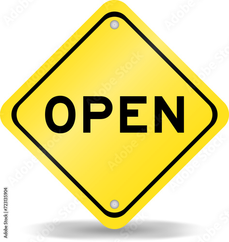 Yellow color transportation sign with word open on white background