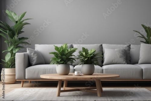 wooden coffee tables with plant in pot in front of grey corner sofa in fashionable living room interior 