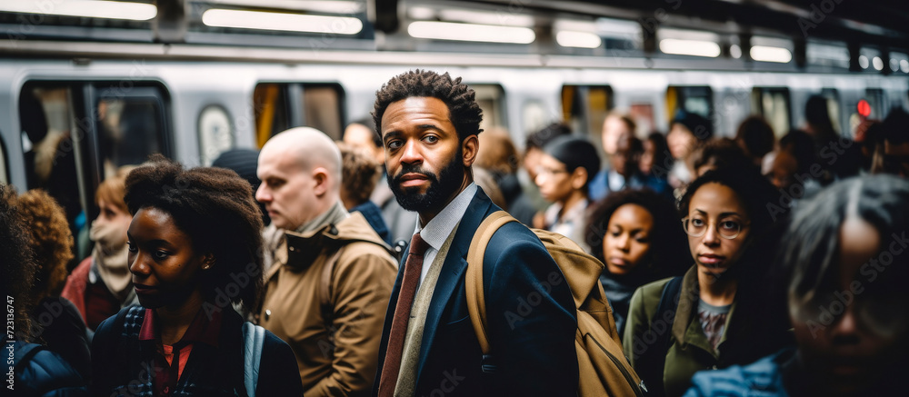 man in a suit among a big crowd of people in a subway platform in rush hour on their way to work - obrazy, fototapety, plakaty 