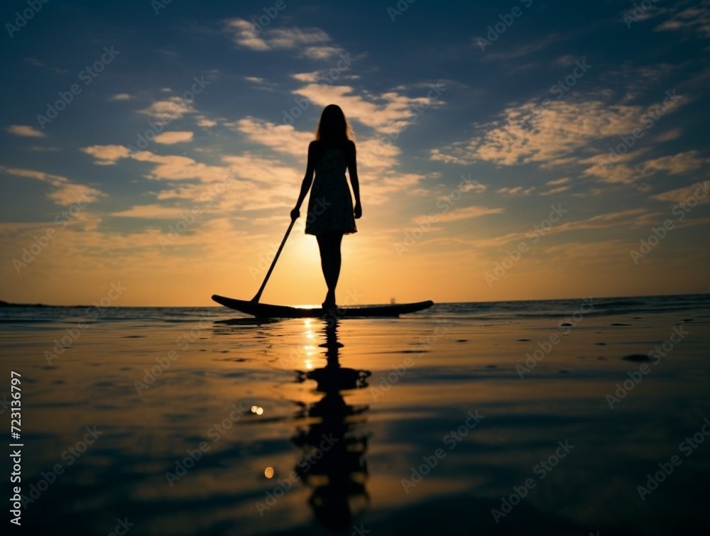 Professional photography: Full length silhouette, close up, from the back of a slender girl on a puddle board with a paddle and on the sea horizon, silhouettes of two people on a puddle board with pad