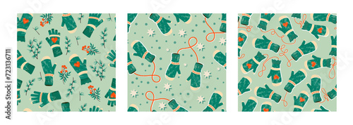 Mittens pair flat cartoon seamless patterns set. Winter gloves and winter holiday concept. Cute green mittens with stars and ornament. Trendy illustration for print and web