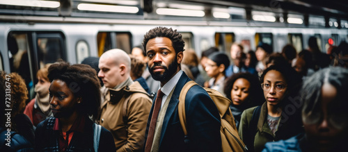 man in a suit among a big crowd of people in a subway platform in rush hour on their way to work