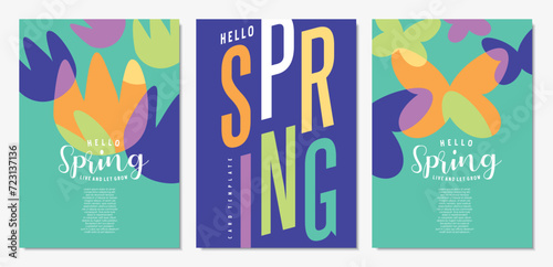 Hello spring colorful trendy banners and cards template with flowers and butterfly. Vector illustration. Covers layout for spring season.