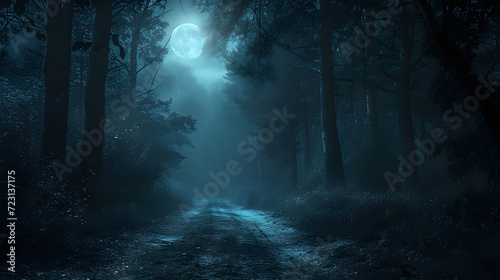 Mystical Full Moon Night in Dense Forest: Concept of Enchantment, Isolation, and Peaceful Solitude in Nature’s Beauty, Ethereal Glow Illuminating a Misty Pathway © Jose