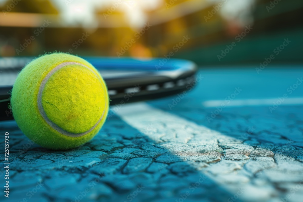 Tennis Ball and Racket on Blue Court Surface