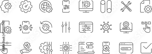 Setup and setting icons. Collection of option, installation, tools, control, gear, operation, processing, tools icons. Vector illustration. EPS10