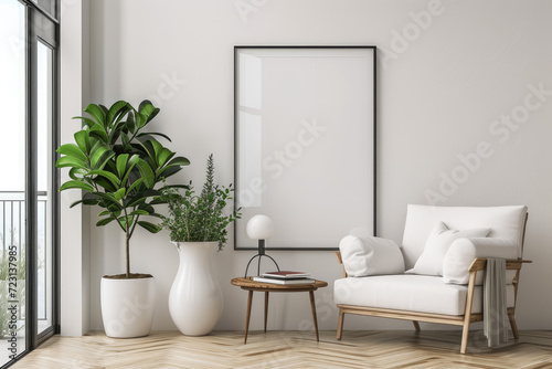 Frame mockup with ISO A paper size  showcasing a living room wall poster mockup against a modern interior design background  presented in a 3D render.