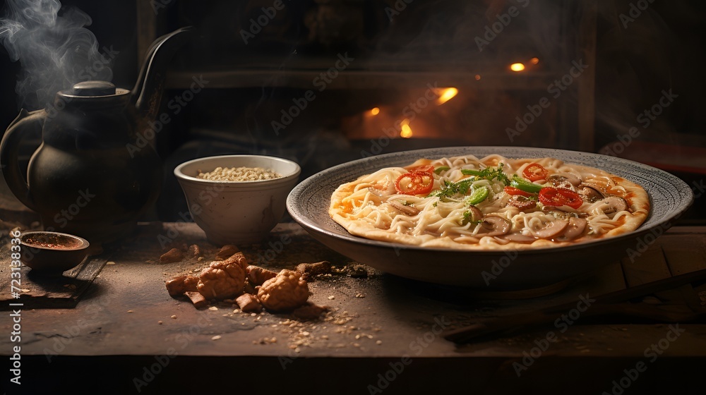 Asian Cuisine Elegance: Savory Noodles with Steam and Teapot