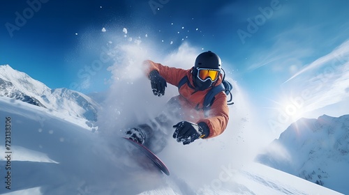 Snowboarder in a Dynamic Descent on Powder Snow