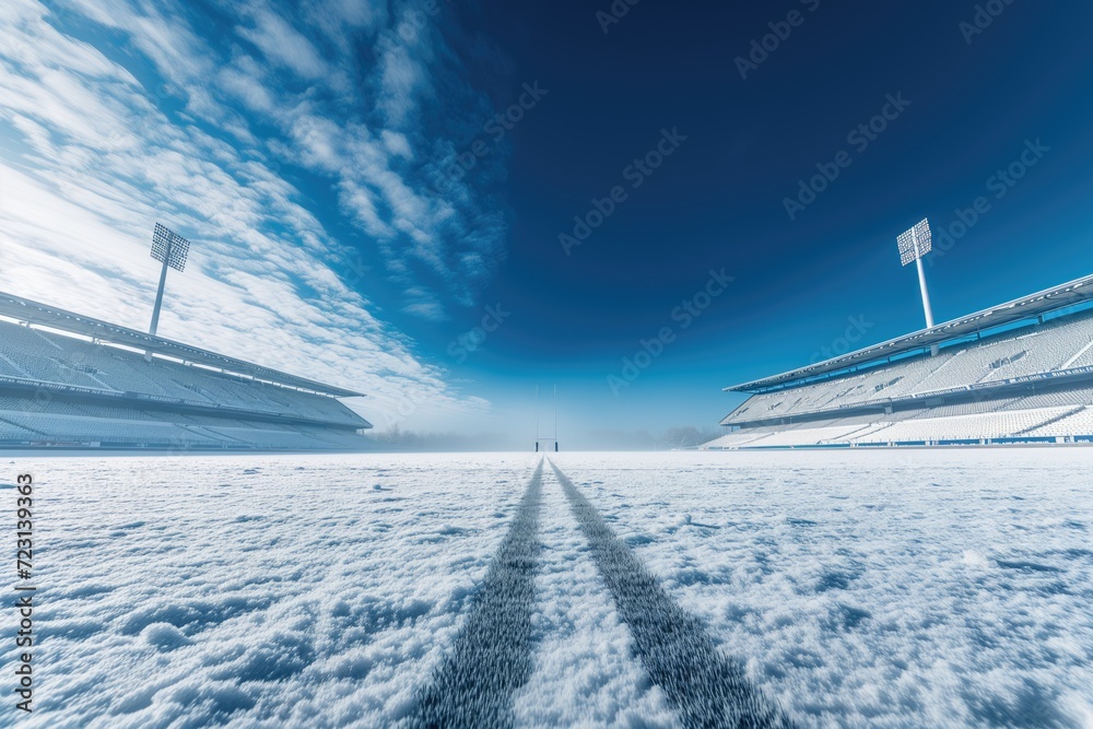 Empty Snow-Covered Sports Field with Clear Blue Sky Empty Snow-Covered Sports Field with Clear Blue Sky