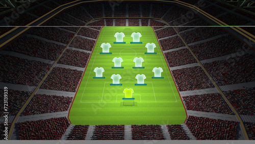 Foto Digital illustration of a soccer field viewed from above, featuring a tactical formation of player