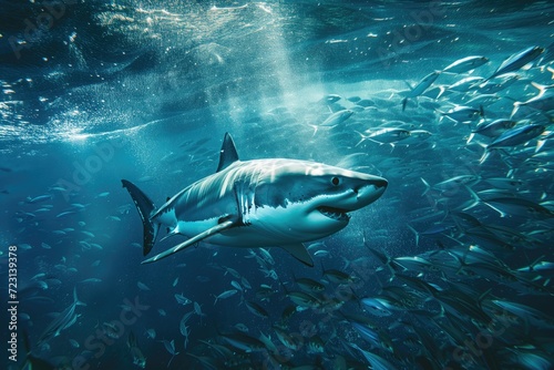 Great White Shark Swimming with School of Fish Underwater © Suryani