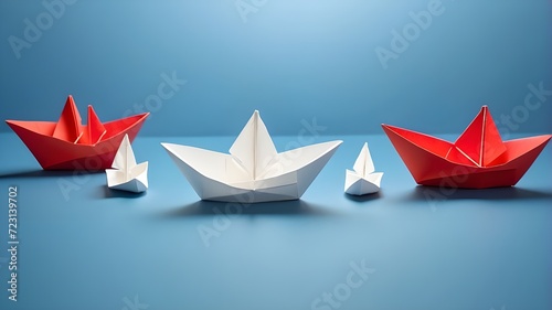 On a blue backdrop  a group of white paper ships pointed in one direction and a single red paper ship pointing in a different direction  Business for creative idea of solution.