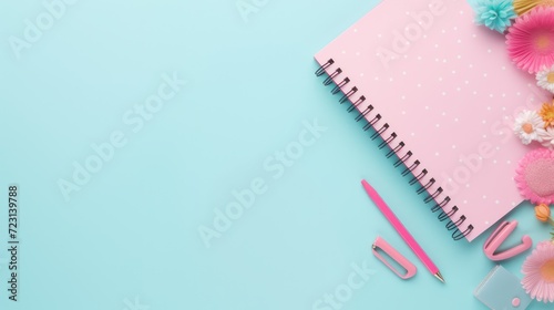 Stationary for kindergarten school children, in a flat lay style seen from above on the study table. With a bright pink color. Binder roll book and pen.