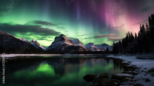 Beautiful view of green aurora magnetic earth light over a rocky mountain on a clear night. With shadow reflections in the fjord water