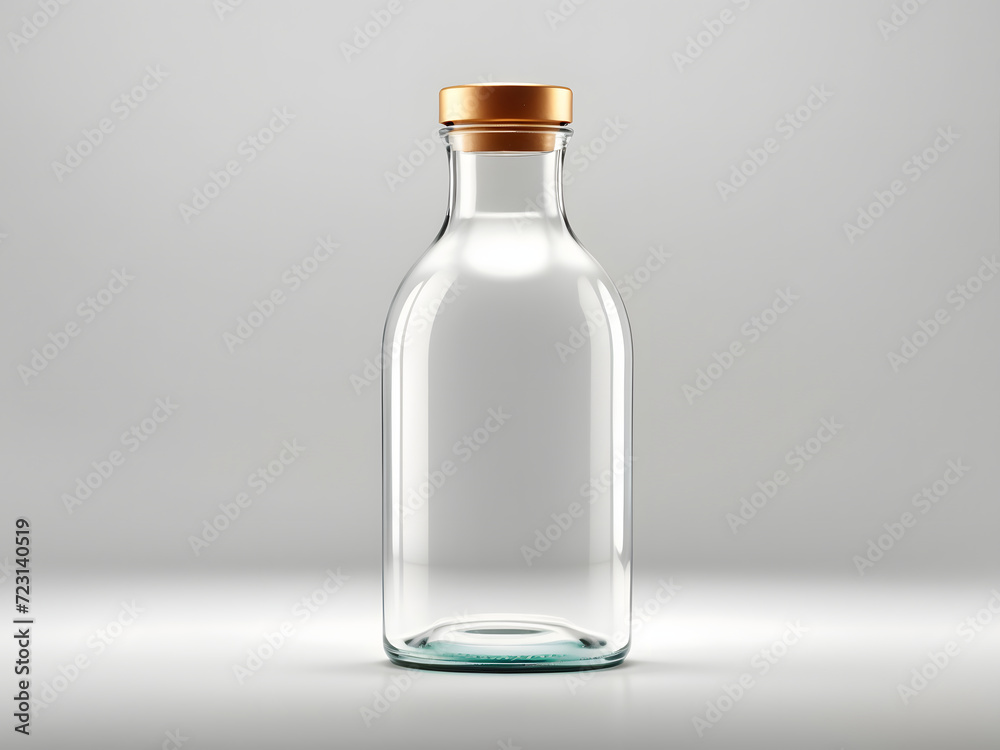 Short glass bottle isolated on white background