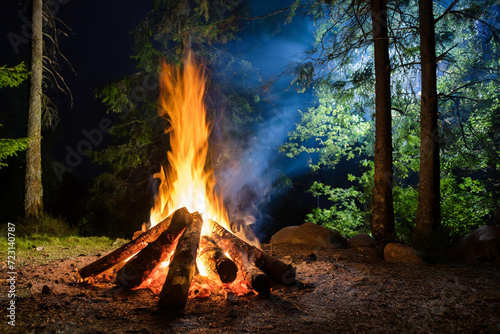 Burning campfire on a dark night in a forest. The bonfire burns in the forest. camp fire in the autumn during vacation in the mountains. Beautiful landscape of nature and trees. Sparks and flames.