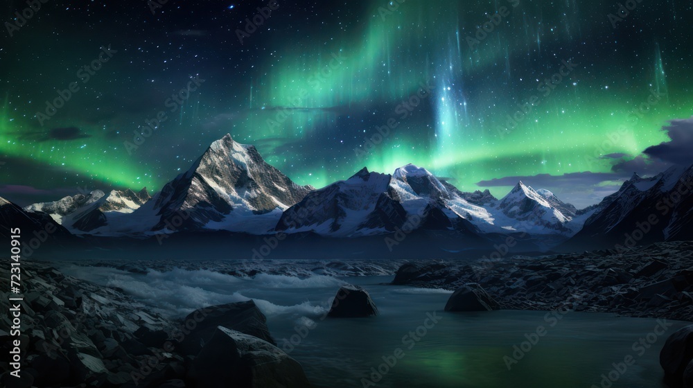 Beautiful view of green aurora magnetic earth light over a rocky mountain on a clear night. With shadow reflections in the fjord water