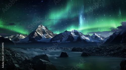Beautiful view of green aurora magnetic earth light over a rocky mountain on a clear night. With shadow reflections in the fjord water
