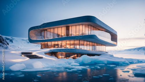 cozy modern house with bionic. Modern museum  snow glacier in Antarctica biophilic. An architectural marvel, nature and man-made structures coexist in perfect harmony, serene and peaceful atmosphere © Roman