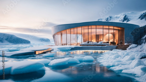 cozy modern house with bionic. Modern museum snow glacier in Antarctica biophilic. An architectural marvel, nature and man-made structures coexist in perfect harmony, serene and peaceful atmosphere