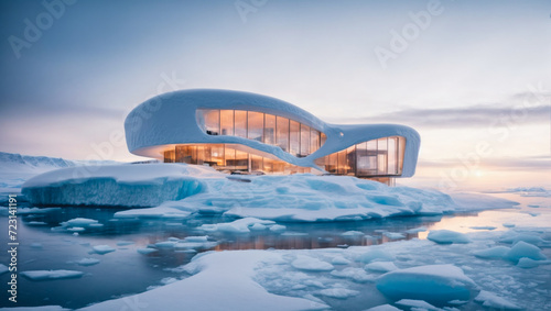 Obraz na płótnie cozy modern house with bionic. Modern museum snow glacier in Antarctica biophilic. An architectural marvel, nature and man-made structures coexist in perfect harmony, serene and peaceful atmosphere w salonie