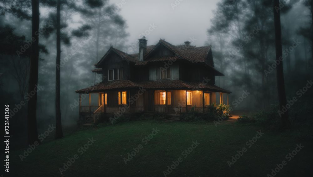 house in the woods. A cozy cabin nestled in the heart of the forest. A spooky haunted house fog house in the woods. A cozy cabin nestled in the heart of the forest. A spooky haunted house fog